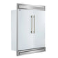 Angled front view of FORNO Maderno 60-Inch Convertible Refrigerator-Freezer with decorative trim, featuring sleek stainless steel French doors and professional built-in design.