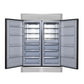 Front view of FORNO Maderno 60-Inch Convertible Refrigerator-Freezer with decorative trim, shown with both doors open revealing adjustable shelves, door bins, and spacious interior.