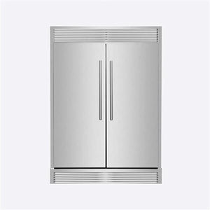 Front view of FORNO Maderno 60-Inch Convertible Refrigerator-Freezer in stainless steel with decorative trim, French doors, and sleek professional design.