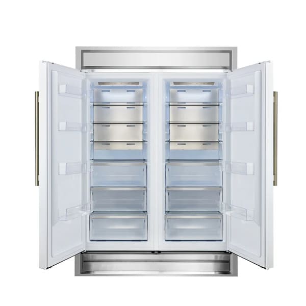 FORNO Maderno 60-Inch Convertible Refrigerator-Freezer with decorative trim shown with both French doors open, revealing adjustable shelves, spacious interior, and stainless steel finish.