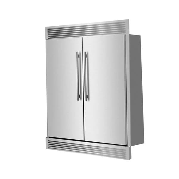 Second angled side view of FORNO Maderno 60-Inch Convertible Refrigerator-Freezer with stainless steel finish and decorative trim, featuring sleek French doors and premium built-in design.