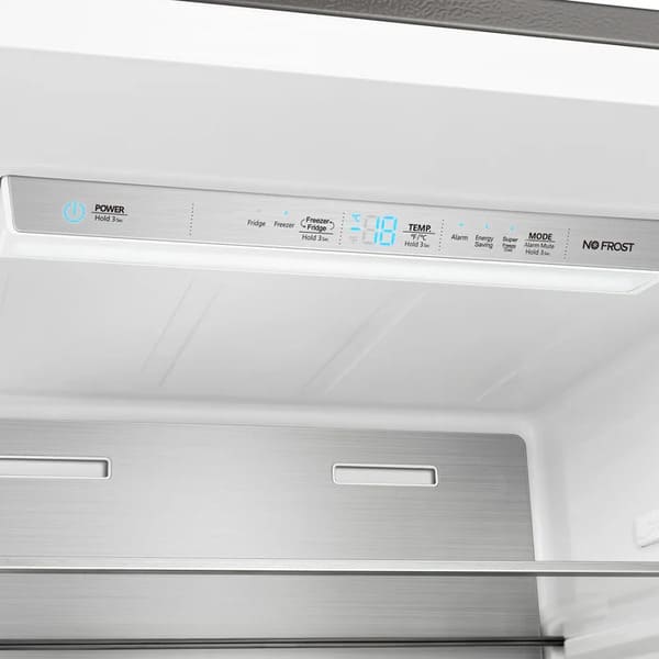 Front view of FORNO Maderno Convertible Refrigerator-Freezer with integrated digital control panel, showcasing sleek stainless steel French doors and precise temperature controls.
