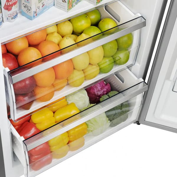 Interior drawer view of FORNO Maderno Convertible Refrigerator-Freezer, showing spacious lower storage compartment with stainless steel trim and organized layout.