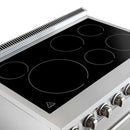 Angled top view of the Forno Paolo 36-Inch Electric Range, highlighting the sleek black ceramic glass cooktop with defined heating zones and stainless steel edging.