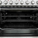 Close-up view of the interior of the Forno Paolo 36-Inch Electric Range with Convection Oven, highlighting the convection fan, blue enamel cavity, and durable oven racks.