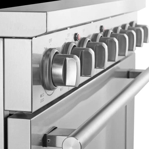 Close-up view of the control knobs on the Forno Paolo 36-Inch Electric Range with Convection Oven, featuring durable stainless steel construction and precise heat adjustment settings.