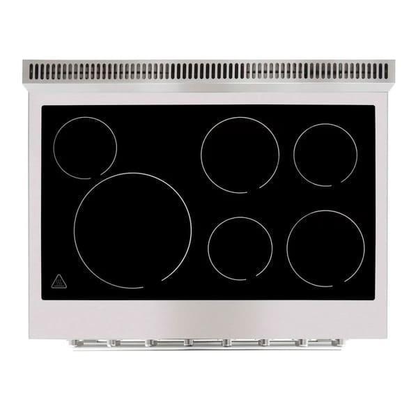 Top-down view of the Forno Paolo 36-Inch Electric Range showing the smooth ceramic glass cooktop with clearly marked heating zones and durable stainless steel trim.