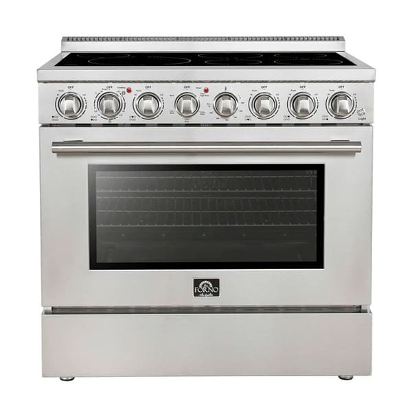 Front view of the Forno Paolo 36-Inch Electric Range with Convection Oven, showcasing a sleek stainless steel design, smooth cooktop surface, and professional-style control knobs.
