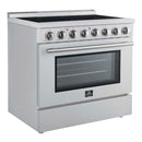 Left-angled front view of the Forno Paolo 36-Inch Electric Range with Convection Oven, featuring a closed oven door, stainless steel finish, and smooth electric cooktop surface.