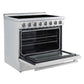 Left-angled front view of the Forno Paolo 36-Inch Electric Range with Convection Oven and oven door open, displaying a spacious interior, convection fan, and professional stainless steel design.