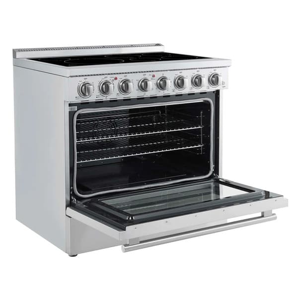 Left-angled front view of the Forno Paolo 36-Inch Electric Range with Convection Oven and oven door open, displaying a spacious interior, convection fan, and professional stainless steel design.