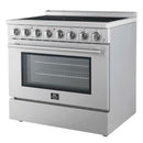 Right-angled front view of the Forno Paolo 36-Inch Electric Range with Convection Oven, featuring a sleek stainless steel finish, smooth cooktop, and closed oven door design.