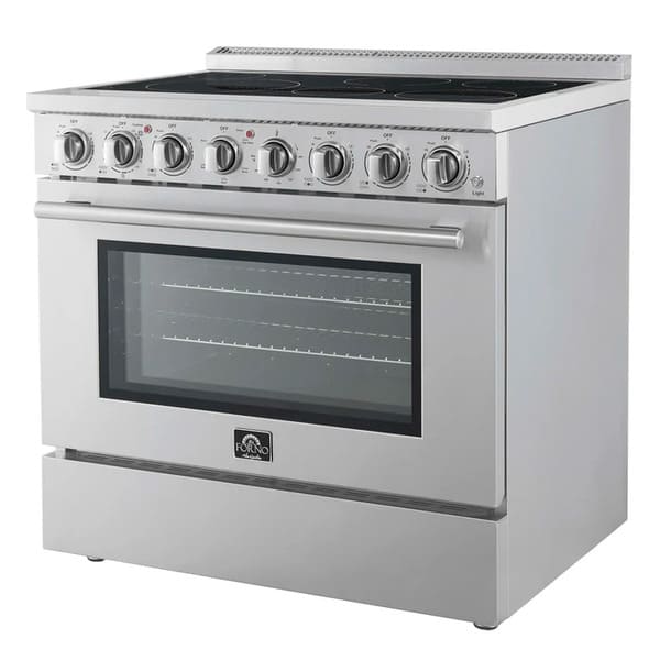 Right-angled front view of the Forno Paolo 36-Inch Electric Range with Convection Oven, featuring a sleek stainless steel finish, smooth cooktop, and closed oven door design.