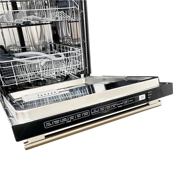 Left-angle view of the Forno Pozzo 24-Inch Built-In Dishwasher with the door open, showing spacious interior racks and sleek stainless-steel design.