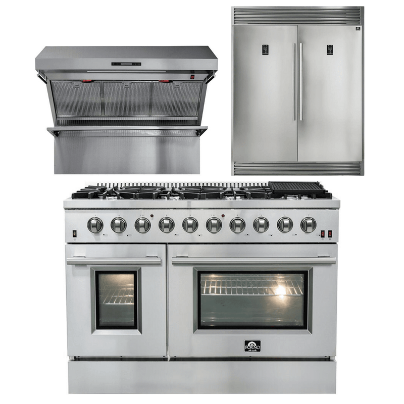 Forno Appliance Package - 48 Inch Gas Range, Wall Mount Range Hood, 60 Inch Refrigerator, FBDL-018-02US