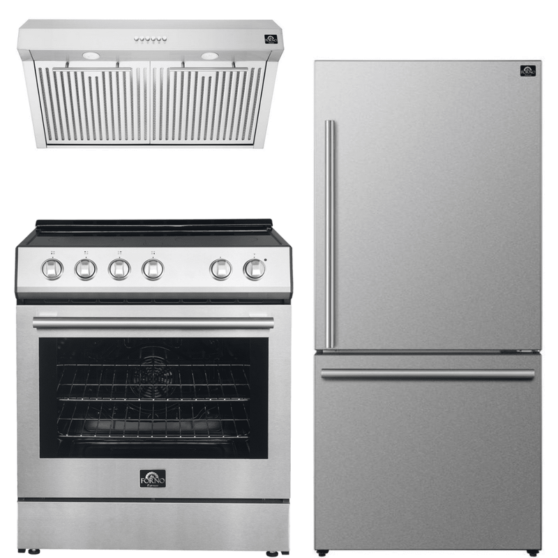 Forno Espresso Package - 30" Electric Range, Range Hood, and Refrigerator in Stainless, White, or Black