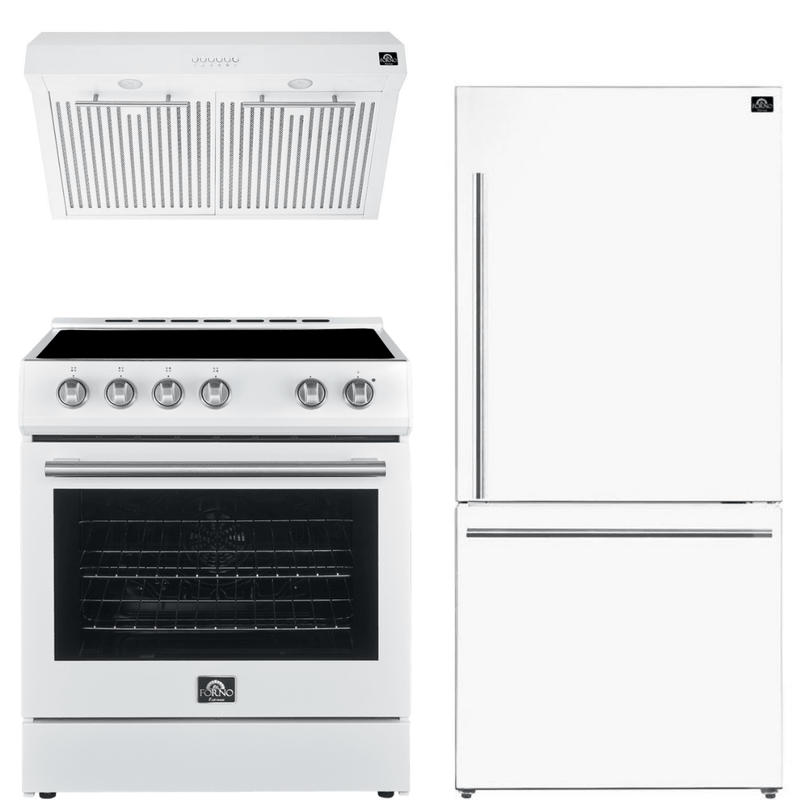 Forno Espresso Package - 30" Electric Range, Range Hood, and Refrigerator in Stainless, White, or Black