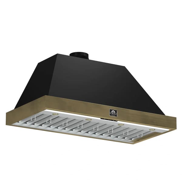 Angled view of the Forno Vittorio 48-Inch Wall Mount Range Hood in black, highlighting its sleek, wide-profile canopy, antique brass trim accents, and integrated baffle filters beneath for a powerful yet refined kitchen ventilation solution.