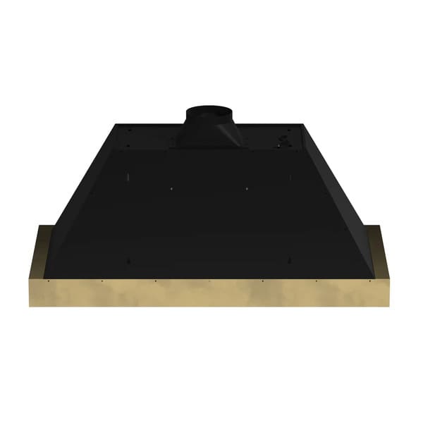 Rear view of the Forno Vittorio 48-Inch Wall Mount Range Hood in black, showing the chimney structure and venting outlet designed for secure wall installation, with a smooth matte black finish and clean, angular lines.