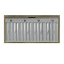 Bottom view of the Forno Vittorio 48-Inch Wall Mount Range Hood in black, featuring integrated LED lights and stainless steel baffle filters set into a matte black underside with antique brass detailing for both function and style.