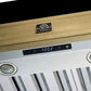 Close-up of the control panel on the Forno Vittorio 48-Inch Wall Mount Range Hood in black, featuring a modern touch interface with illuminated buttons for fan speed, lighting, and power, set against a matte black surface with antique brass trim.