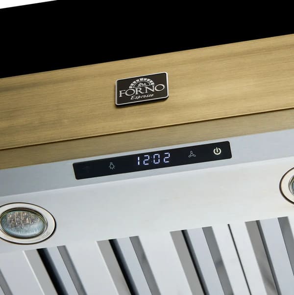Close-up of the control panel on the Forno Vittorio 48-Inch Wall Mount Range Hood in black, featuring a modern touch interface with illuminated buttons for fan speed, lighting, and power, set against a matte black surface with antique brass trim.