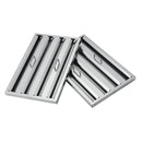 Close-up of the stainless steel baffle filters on the Forno Vittorio 48-Inch Wall Mount Range Hood in black, designed for effective grease and smoke capture, framed by a matte black finish with antique brass accents for a professional look.