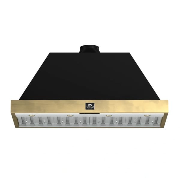 Front view of the Forno Vittorio 48-Inch Wall Mount Range Hood in black, featuring a bold matte finish, antique brass trim accents, stainless steel baffle filters, and a centered control panel for a sleek, professional look.