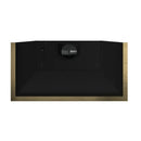 Top view of the Forno Vittorio 48-Inch Wall Mount Range Hood in black, highlighting the smooth matte black chimney structure and clean edges designed for effective wall-mounted ventilation with a refined, modern finish.