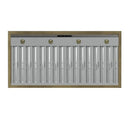 Bottom view of the Forno Vittorio 48-Inch Wall Mount Range Hood in white, featuring integrated LED lighting and stainless steel baffle filters, all set within a sleek white underside accented by antique brass trim for a blend of function and style.