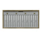 Bottom view of the Forno Vittorio 48-Inch Wall Mount Range Hood in white, featuring integrated LED lighting and stainless steel baffle filters, all set within a sleek white underside accented by antique brass trim for a blend of function and style.