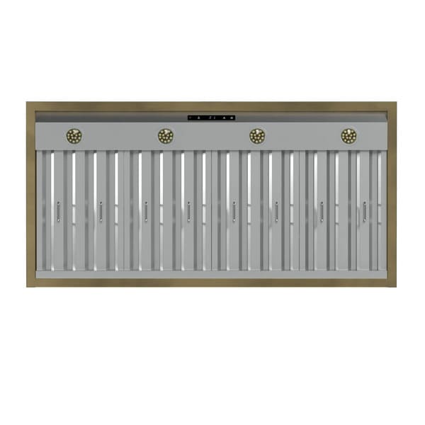 Bottom view of the Forno Vittorio 48-Inch Wall Mount Range Hood in white, featuring integrated LED lighting and stainless steel baffle filters, all set within a sleek white underside accented by antique brass trim for a blend of function and style.