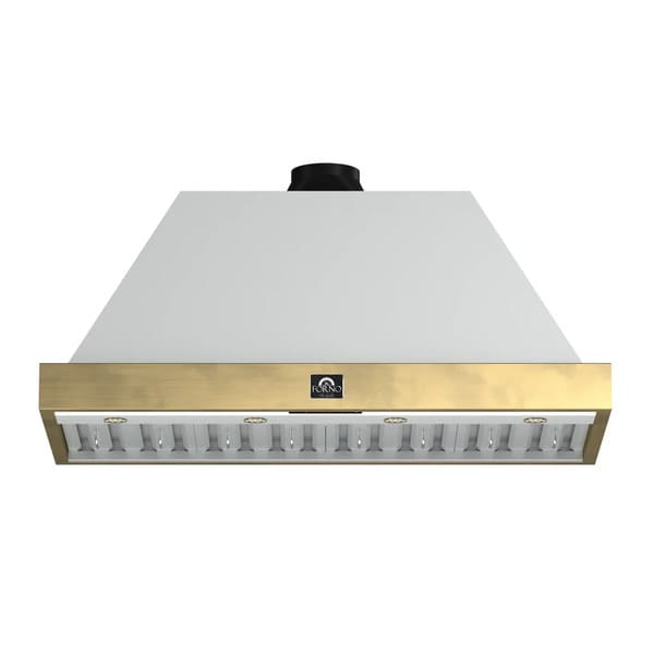 Front view of the Forno Vittorio 48-Inch Wall Mount Range Hood in white, featuring a clean white finish, antique brass trim accents, stainless steel baffle filters, and a centered control panel for a refined and functional kitchen centerpiece.
