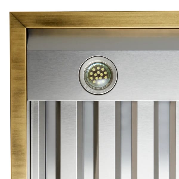 Close-up view of the integrated LED lights on the Forno Vittorio 48-Inch Wall Mount Range Hood in white, providing bright, energy-efficient illumination beneath the white canopy with antique brass detailing.