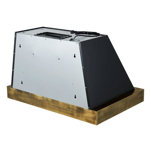 Back left angle view of the Forno Vittorio Wall Mount Range Hood, displaying the rear venting outlet, chimney structure, and subtle antique brass trim along the edges, emphasizing both function and design from a dynamic perspective.