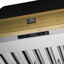 Close-up view of the Forno Vittorio Wall Mount Range Hood’s control panel, featuring a sleek digital display with clearly marked touch-sensitive buttons for fan speed, lighting, and power functions.