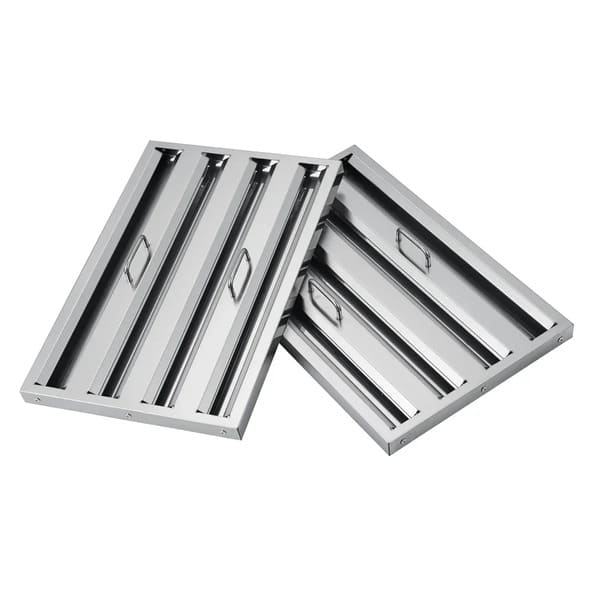 Detailed view of the Forno Vittorio Wall Mount Range Hood’s stainless steel baffle filters, designed for efficient grease and smoke capture, arranged in a sleek, easy-to-remove configuration beneath the hood.