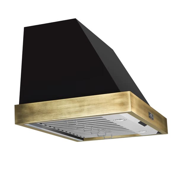 Left angle view of the Forno Vittorio 36-Inch Wall Mount Range Hood showcasing its bold profile, antique brass trim, and sleek canopy design with visible stainless steel baffle filters beneath.