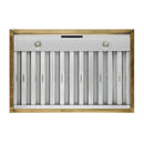 Detailed view of the stainless steel baffle filters on the Forno Vittorio Wall Mount Range Hood in white, highlighting their durable, easy-to-clean design set against the elegant white canopy with antique brass accents.