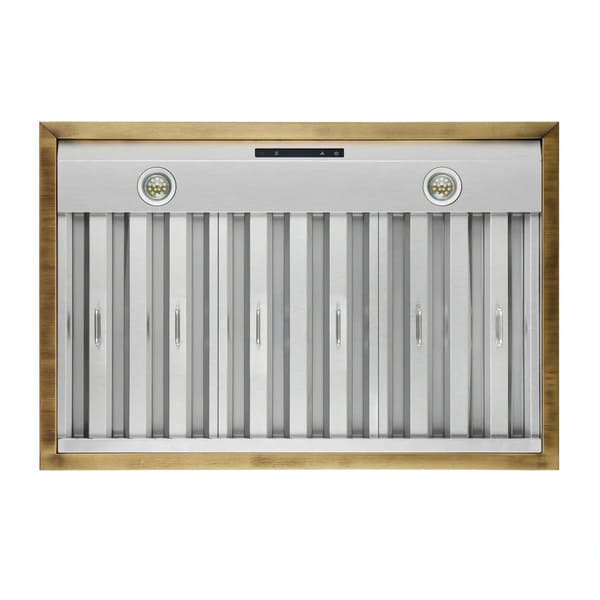 Detailed view of the stainless steel baffle filters on the Forno Vittorio Wall Mount Range Hood in white, highlighting their durable, easy-to-clean design set against the elegant white canopy with antique brass accents.