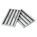 Close-up of the stainless steel baffle filters on the Forno Vittorio Wall Mount Range Hood in white, designed for effective grease and smoke capture, framed by a crisp white finish and antique brass trim.