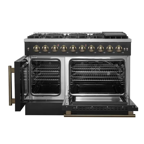 FORNO Galiano 48-Inch French Door Gas Range with 8 Burners and 6.58 Cu. Ft. Convection Oven in Black/White with Antique Brass Trim