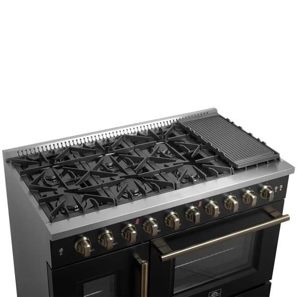 FORNO Galiano 48-Inch French Door Gas Range with 8 Burners and 6.58 Cu. Ft. Convection Oven in Black/White with Antique Brass Trim