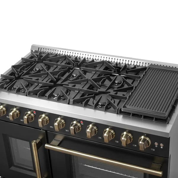 FORNO Galiano 48-Inch French Door Gas Range with 8 Burners and 6.58 Cu. Ft. Convection Oven in Black/White with Antique Brass Trim