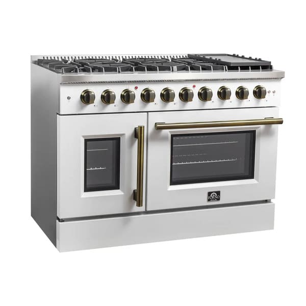 FORNO Galiano 48-Inch French Door Gas Range with 8 Burners and 6.58 Cu. Ft. Convection Oven in Black/White with Antique Brass Trim