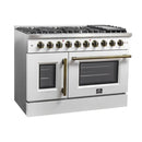 FORNO Galiano 48-Inch French Door Gas Range with 8 Burners and 6.58 Cu. Ft. Convection Oven in Black/White with Antique Brass Trim