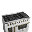 FORNO Galiano 48-Inch French Door Gas Range with 8 Burners and 6.58 Cu. Ft. Convection Oven in Black/White with Antique Brass Trim