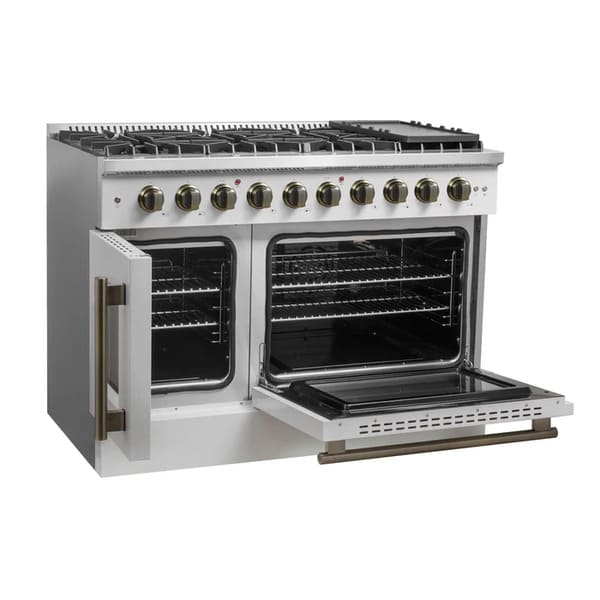 FORNO Galiano 48-Inch French Door Gas Range with 8 Burners and 6.58 Cu. Ft. Convection Oven in Black/White with Antique Brass Trim