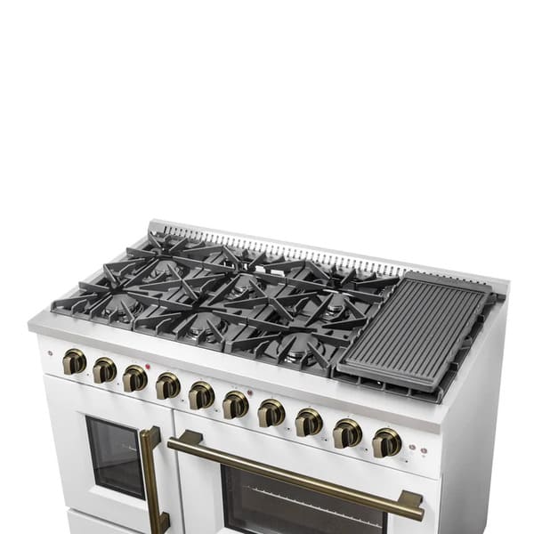 FORNO Galiano 48-Inch French Door Gas Range with 8 Burners and 6.58 Cu. Ft. Convection Oven in Black/White with Antique Brass Trim