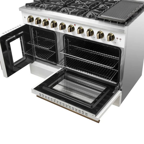 FORNO Galiano 48-Inch French Door Gas Range with 8 Burners and 6.58 Cu. Ft. Convection Oven in Black/White with Antique Brass Trim
